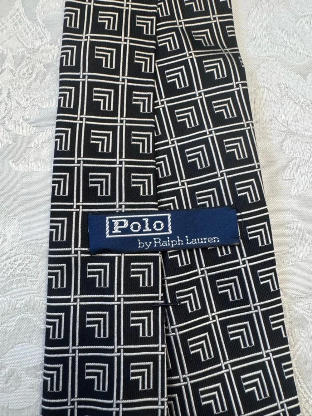 Polo By Ralph Lauren Vintage Silk Tie‎ Black White Geometric Grid Old Money Work